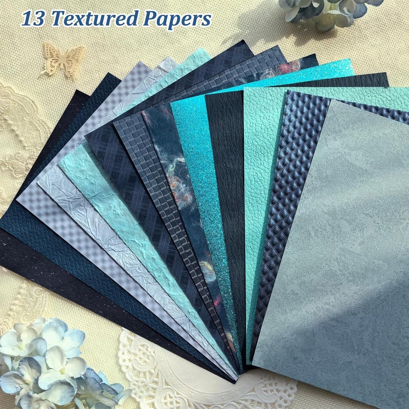 Flartmo 20 Unique A5 Textured Scrapbook Paper & Mesh Fabric Set, Handmade Craft Paper for Scrapbooking, Junk Journal Supplies, Card Making, Decoupage, Collage & Gift Embellishments (Blue) - Image 3